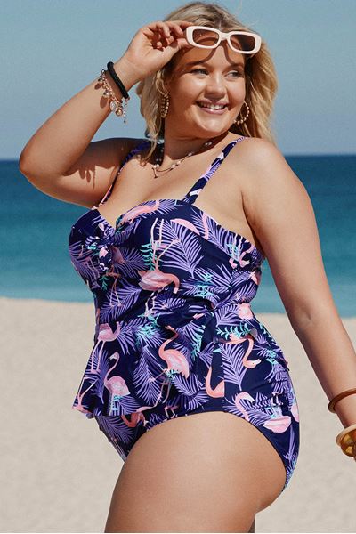 Picture of Purple Plus Size Ruffled Tankini with Floral Panty